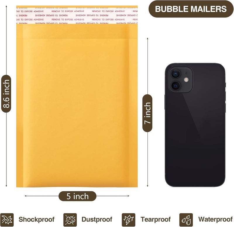 UCGOU Kraft Bubble Mailers 5x8.6 Inch Usable Size 5x7 Inch 50 Pack Yellow Padded Envelopes Small Business Mailing Packages Self Sealing Tear Resistant Boutique Bulk Mail Shipping Bags Bubble Mailers - Image 2