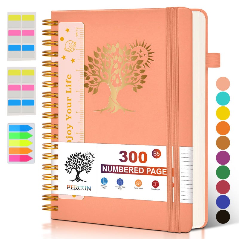 PERCUN Large Spiral Notebook Journal for Women Men - 300 Numbered Lined Pages, College Ruled,B5 Hardcover Spiral Bound Notebook for School, Work, Note Taking, Writing, Leather Spiral Journal 7"x10" - Image 1