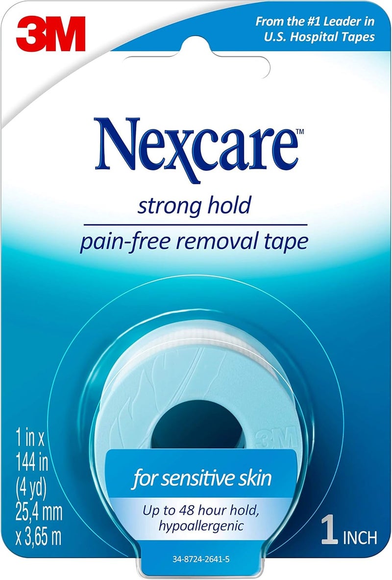 Nexcare Strong Hold Pain-Free Removal Tape, Silicone Adhesive, Secures Dressing and Lifts Away Cleanly - 1 In x 4 Yds, 1 Roll of Tape