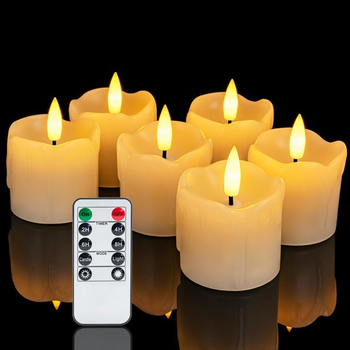 FLAMELESS VOTIVE CANDLES WITH TIMER REMOTE 2 X 2 REAL WAX 300 HOUR REALISTIC BLACK WICK BATTERY OPERATED CANDLES SET OF 6 FOR WEDDING PARTY AND HOLIDAY DECORATION BATTERY INCLUDED