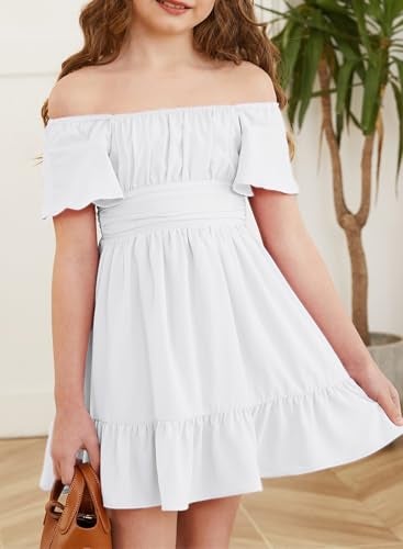 blibean Girls Summer Tie Back Dress Tween Kids Cute Boho Off Shoulder Flower Dresses Ruffle Formal Short Tulle Wedding Vestidos Niñas Size 12-13 Years Old White - Image 4
