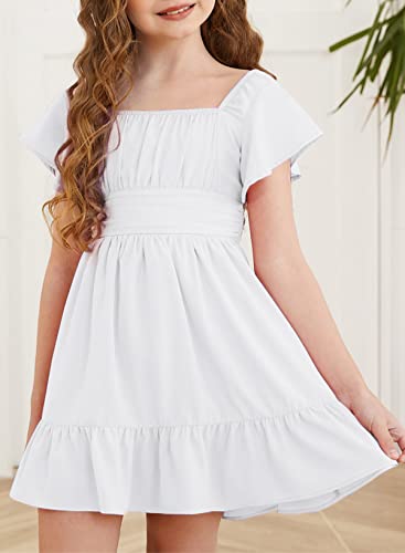 blibean Girls Summer Tie Back Dress Tween Kids Cute Boho Off Shoulder Flower Dresses Ruffle Formal Short Tulle Wedding Vestidos Niñas Size 12-13 Years Old White - Image 2