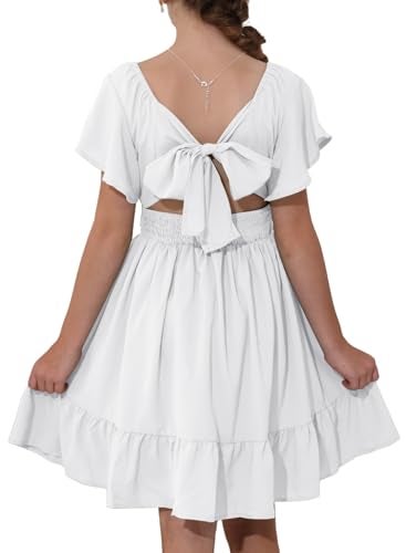 blibean Girls Summer Tie Back Dress Tween Kids Cute Boho Off Shoulder Flower Dresses Ruffle Formal Short Tulle Wedding Vestidos Niñas Size 12-13 Years Old White - Image 1