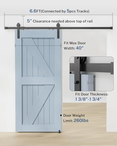 Titeck Barn Door Hardware Kit -6.6FT Sliding Door Hardware with Adjustable Floor Guide, 2 Handles and Latch -Fit 36''-40'' Wide Panel, I Shape Hanger, Black - Image 2