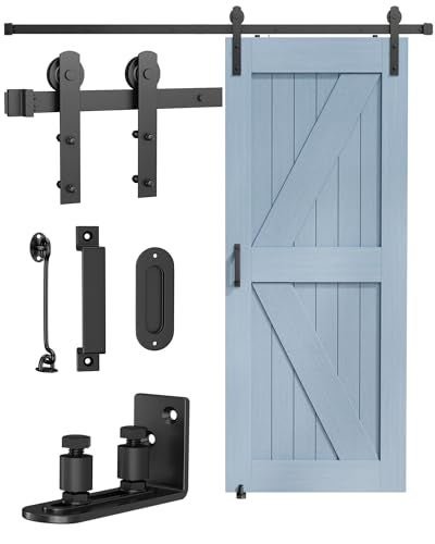 Titeck Barn Door Hardware Kit -6.6FT Sliding Door Hardware with Adjustable Floor Guide, 2 Handles and Latch -Fit 36''-40'' Wide Panel, I Shape Hanger, Black - Image 1