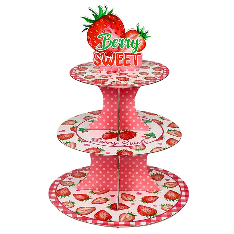 Strawberry Cupcake Stand  Berry Sweet Birthday Party Decorations 3 Tier Round Strawberry Themed Dessert Tower Stand Cupcake Holder Stand for Sweet One Birthday Party Decorations