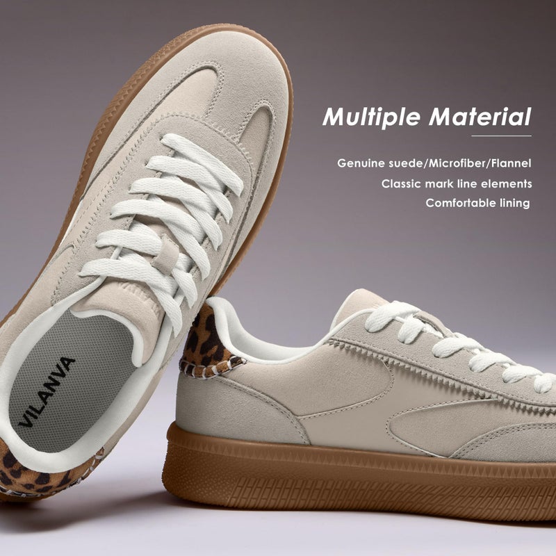 Vilanva Women's Fashion Sneakers Casual Tennis Shoes with Genuine Suede Classic Retro Gum Sole Walking Trendy Footwear Beige Multi - Image 4
