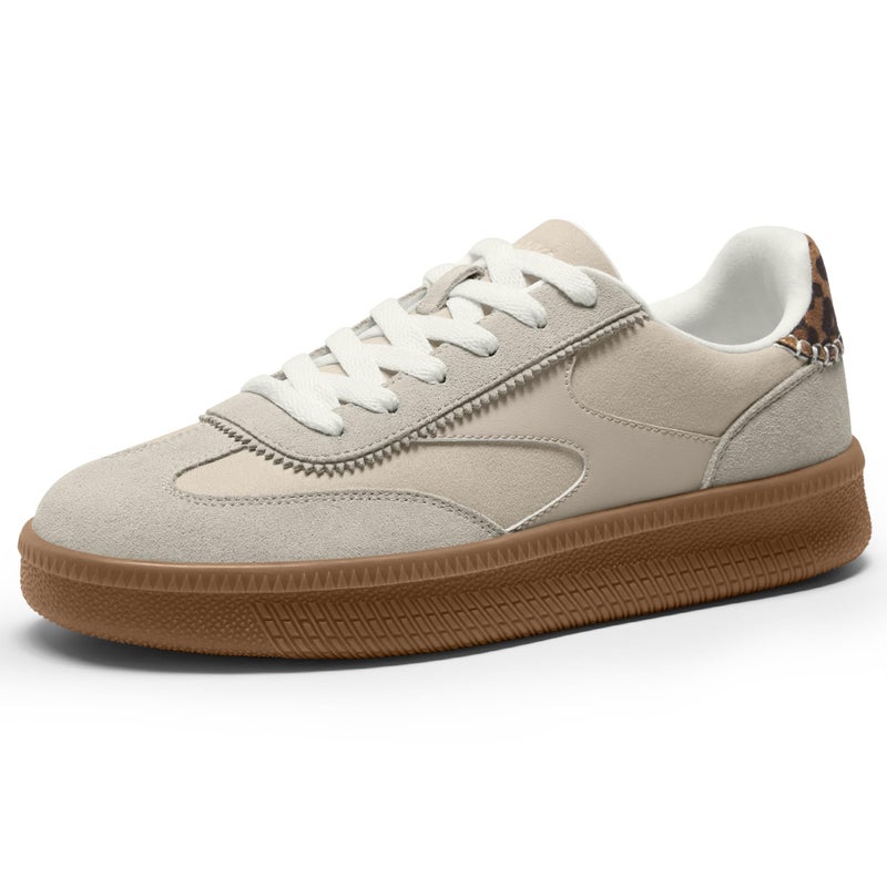Vilanva Women's Fashion Sneakers Casual Tennis Shoes with Genuine Suede Classic Retro Gum Sole Walking Trendy Footwear Beige Multi - Image 1