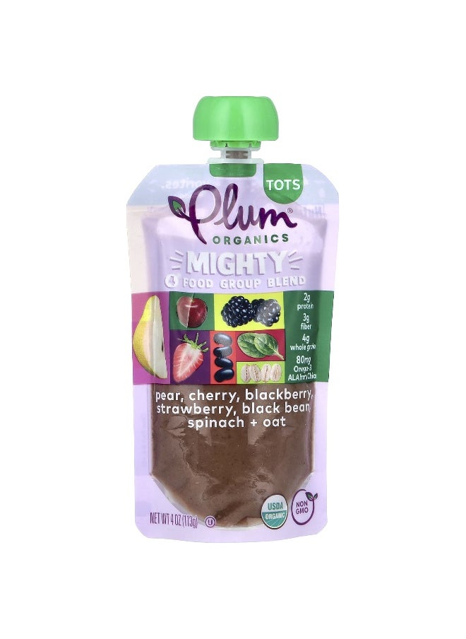 Plum Organics Plum Organics, Mighty 4 Food Group Blend, Tots, Pear, Cherry, Blackberry, Strawberry, Black Bean, Spinach & Oat, 4 oz (113 g)  - Image 1