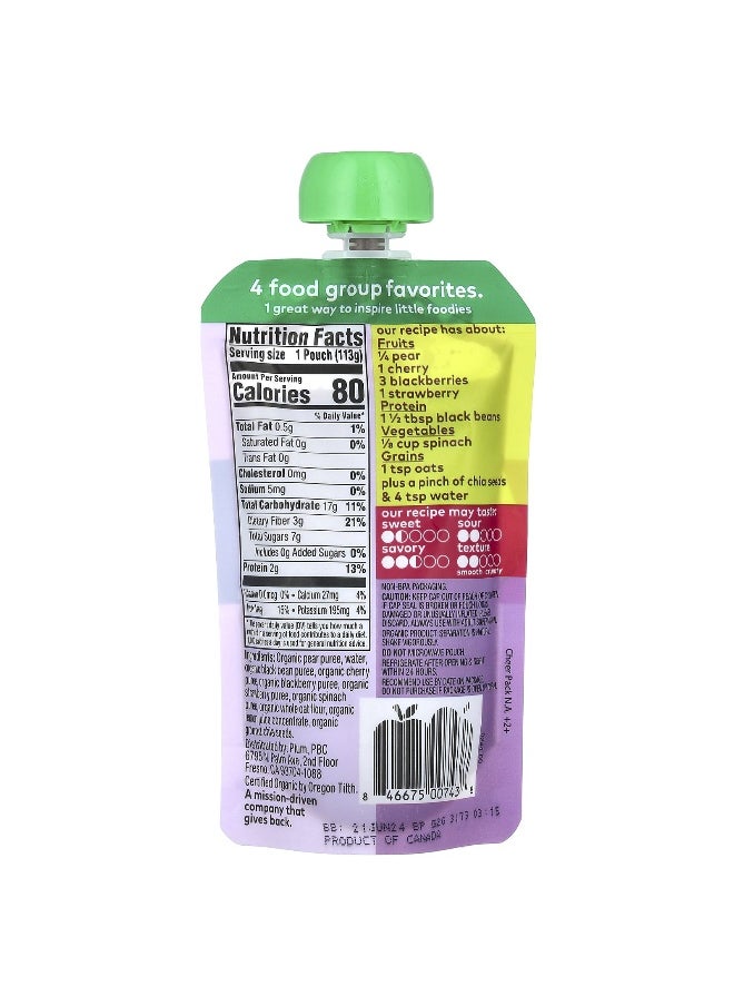 Plum Organics Plum Organics, Mighty 4 Food Group Blend, Tots, Pear, Cherry, Blackberry, Strawberry, Black Bean, Spinach & Oat, 4 oz (113 g)  - Image 2