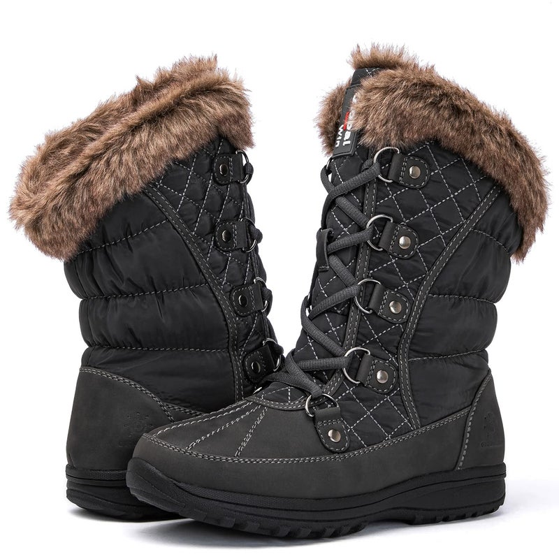 GLOBALWIN Women's Snow Boots Waterproof Mid-Calf Winter Boots For Women With Warm Fleece Lining, Stylish Fur Boots For Women With Non-Slip Sole And Quilted Comfortable Grey Boots Size 8M - Image 1