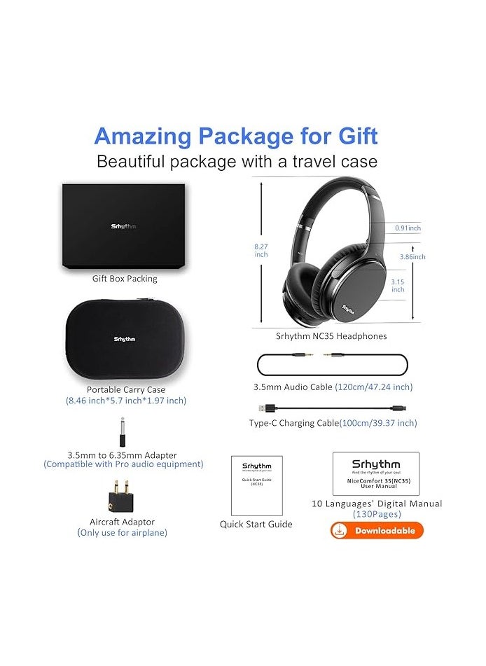 Srhythm - Srhythm NC35 Noise Cancelling Headphones Wireless Bluetooth 5.3, Fast Charge Over-Ear Lightweight Headset with Microphones,Mega Bass 50+ Hours’ Playtime - Image 1