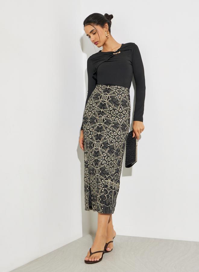 Styli Black Patterned Lace Midi Skirt - Image 1