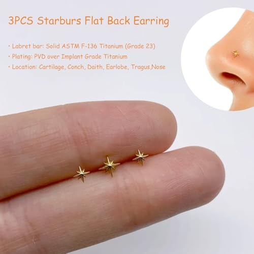 NONTAI 18G Helix Earrings, Threadless Titanium Flat Back Stud Earring Tiny Starbust Tragus Conch Nose Piercing Jewelry - Image 3