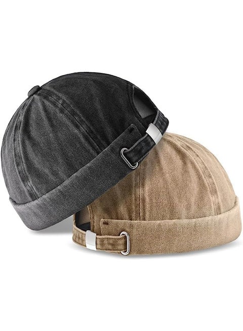 2 Pcs Brimless Hats for Men, Adjustable Docker Hat, Casual No Brim Hat, Visor Less Flip, Sailor Skullcap Metal buckle Street Casual Docker Beanie Skull Caps, for Hiking, Skiing, Skating