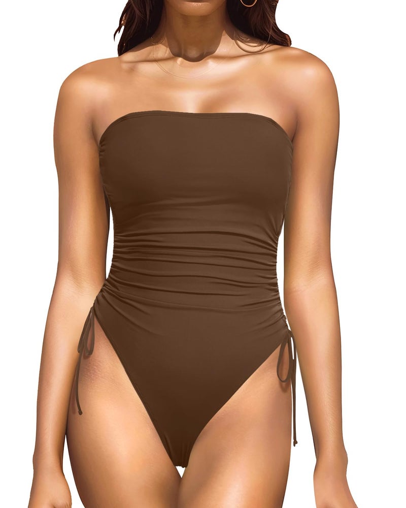 Yonique Women Strapless One Piece Swimsuit Tummy Control Bandeau Bathing Suit Cheeky Swimwear Brown M - Image 1