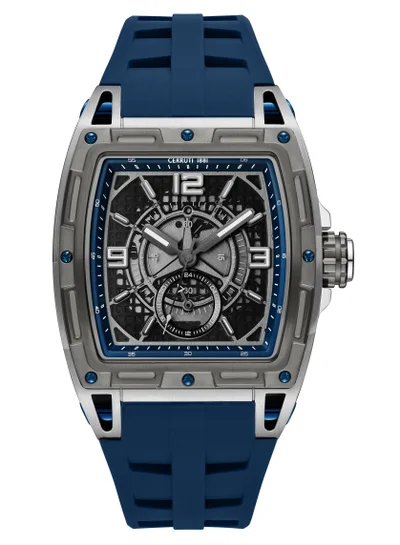 CERRUTI 1881 Men's Cerruti 1881 Belluno Multifunction Watch for Men - Tonneau Case, Black Smoked Transparent Dial, Blue Silicon Strap