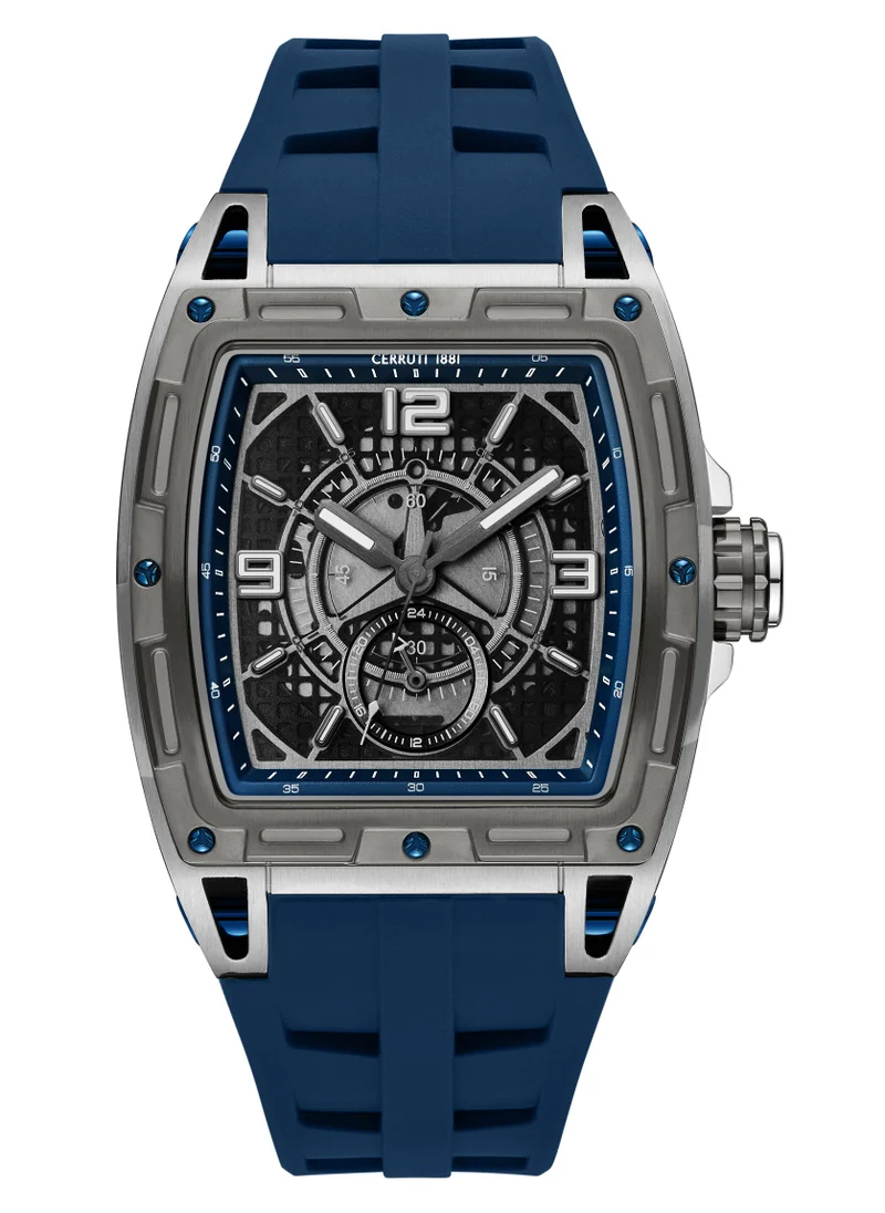 CERRUTI 1881 Cerruti 1881 Belluno Multifunction Watch for Men - Tonneau Case, Black Smoked Transparent Dial, Blue Silicon Strap