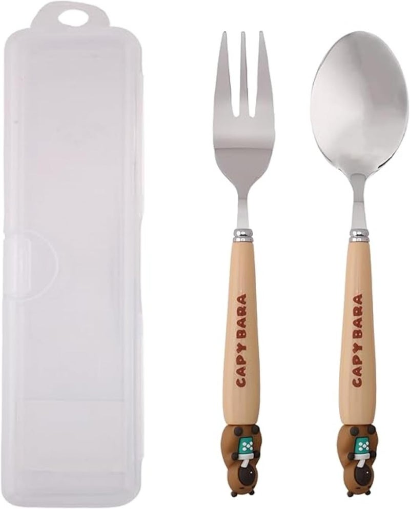Cravista CapyBara Design Kids Cutlery Set with Case - 2-Piece Stainless Steel BPA Free Cutlery Set Includes Spoon, Fork and Case for Lunch Box, Picnic and Travel (Brown w/Cup) - Image 1
