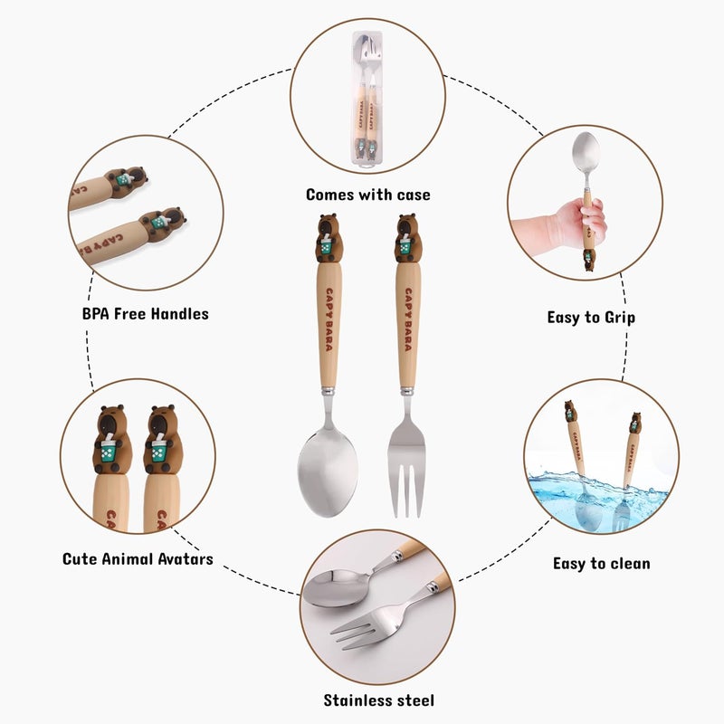 Cravista CapyBara Design Kids Cutlery Set with Case - 2-Piece Stainless Steel BPA Free Cutlery Set Includes Spoon, Fork and Case for Lunch Box, Picnic and Travel (Brown w/Cup) - Image 3