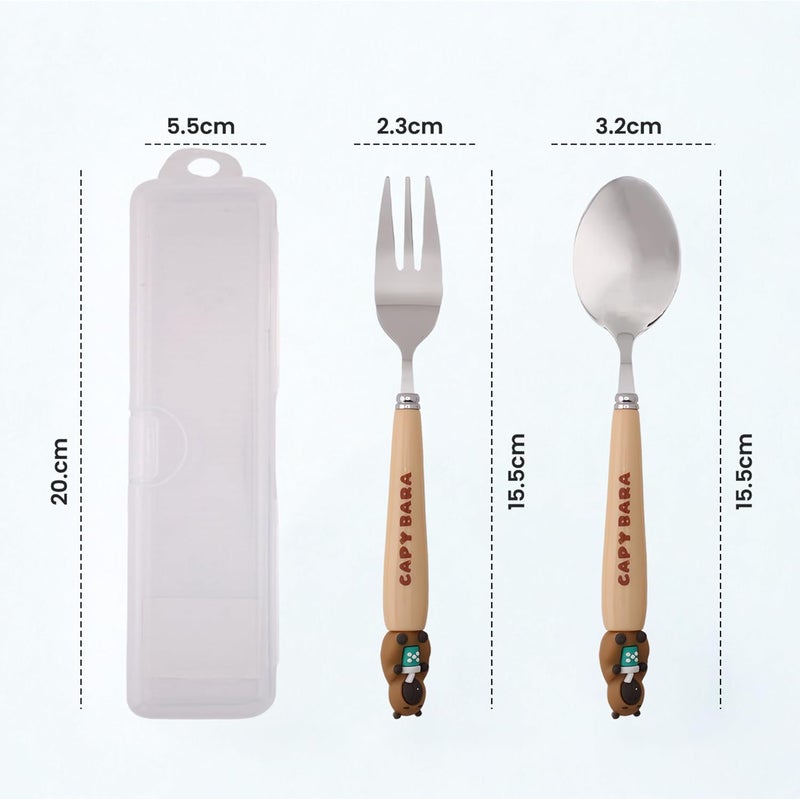 Cravista CapyBara Design Kids Cutlery Set with Case - 2-Piece Stainless Steel BPA Free Cutlery Set Includes Spoon, Fork and Case for Lunch Box, Picnic and Travel (Brown w/Cup) - Image 4