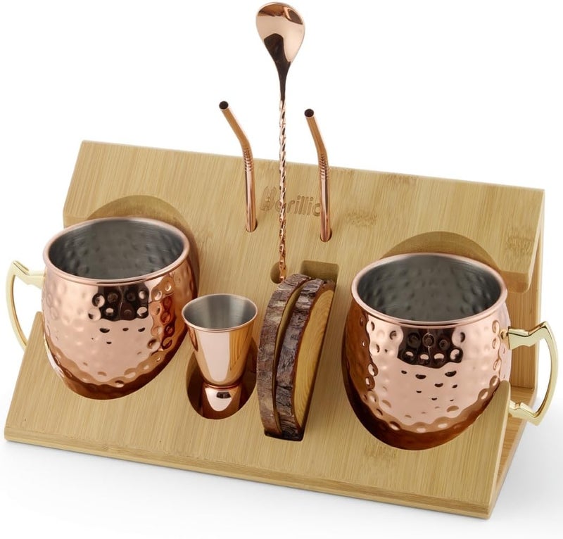 barillio Moscow Mule Mugs Set - 2 Stainless Steel, Copper-Plated Cocktail Mugs with Bamboo Stand - Food-Safe, Moscow Mule Kit with Copper Cups, Drinking Straws and Mixing Spoon - 2 x 18 Oz - Image 1