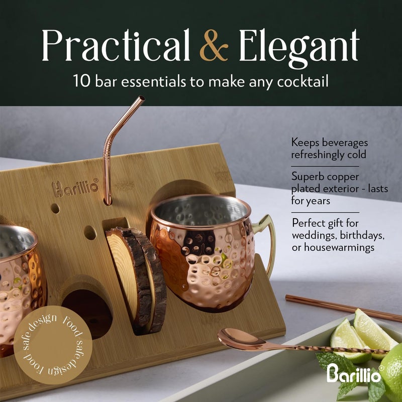 barillio Moscow Mule Mugs Set - 2 Stainless Steel, Copper-Plated Cocktail Mugs with Bamboo Stand - Food-Safe, Moscow Mule Kit with Copper Cups, Drinking Straws and Mixing Spoon - 2 x 18 Oz - Image 3