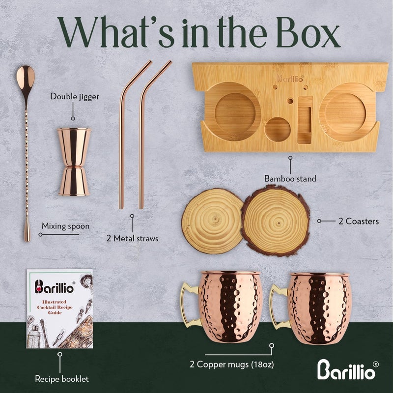 barillio Moscow Mule Mugs Set - 2 Stainless Steel, Copper-Plated Cocktail Mugs with Bamboo Stand - Food-Safe, Moscow Mule Kit with Copper Cups, Drinking Straws and Mixing Spoon - 2 x 18 Oz - Image 2