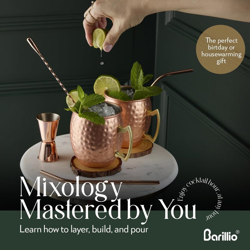 barillio Moscow Mule Mugs Set - 2 Stainless Steel, Copper-Plated Cocktail Mugs with Bamboo Stand - Food-Safe, Moscow Mule Kit with Copper Cups, Drinking Straws and Mixing Spoon - 2 x 18 Oz - Image 4