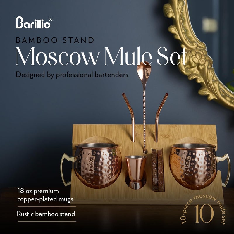 barillio Moscow Mule Mugs Set - 2 Stainless Steel, Copper-Plated Cocktail Mugs with Bamboo Stand - Food-Safe, Moscow Mule Kit with Copper Cups, Drinking Straws and Mixing Spoon - 2 x 18 Oz - Image 5