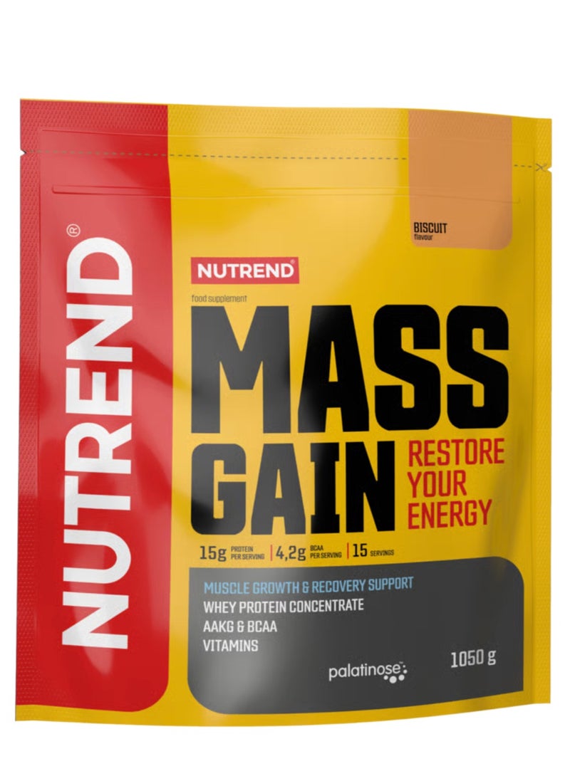 NUTREND Mass Gain Restore Your Energy - 1050 Grams (Biscuit Flavour) 15g Protein per servings - Muscle Growth & Recovery Support - Whey Protein Concentrate AAKG & BCAA Vitamins - Image 1
