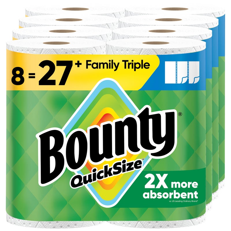 Bounty Quick-Size Paper Towels, White, 8 Family Triple Rolls = 27 Regular Rolls - Image 1
