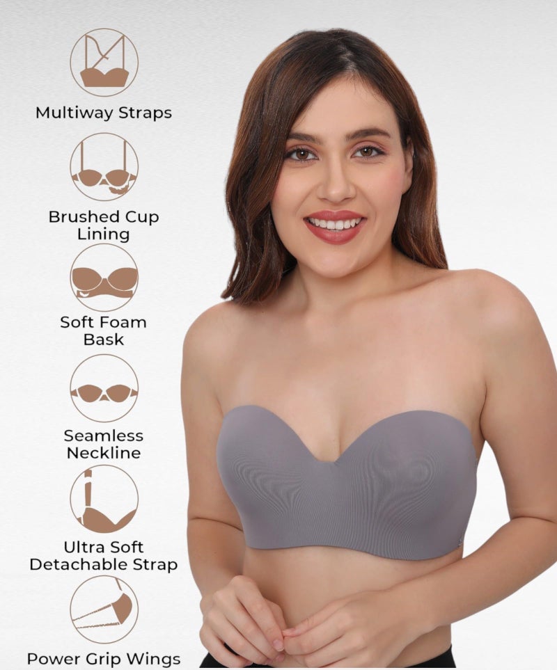 PLUMBURY Microfiber Lightly Padded Strapless Multiway Underwire Everyday Bra For Women, Size 34-40 Grey - Image 4