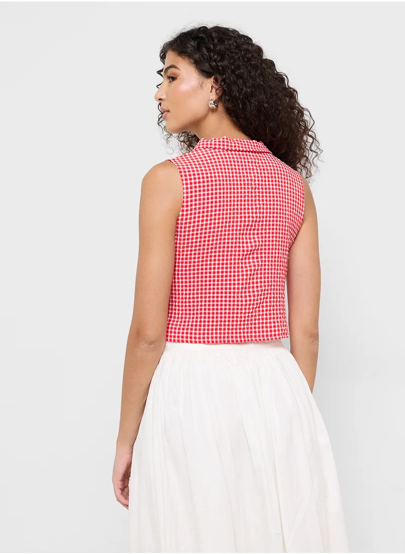 جينجر Polo Collar Bow Tie Up Detail Top