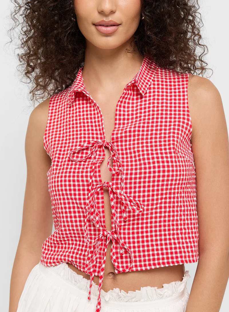Ginger Polo Collar Bow Tie Up Detail Top