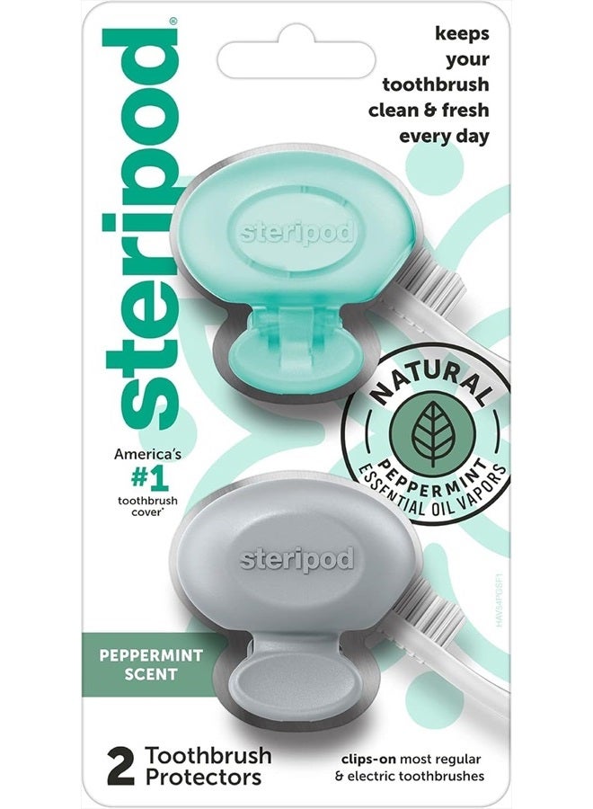 Steripod حامي فرشاة الأسنان القابل للتثبيت مع زيوت النعناع الأساسية، يحافظ على فرشاة الأسنان نظيفة ومنعشة، ملحقات السفر، يناسب معظم فرش الأسنان اليدوية والكهربائية، 2 قطعة - Image 1