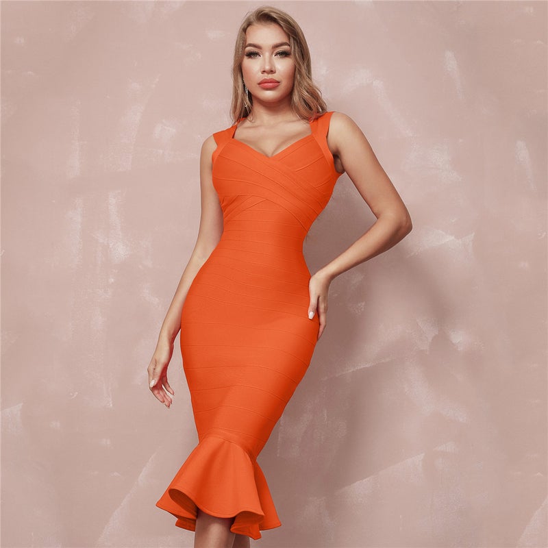 Foreign trade sleeveless backless v sling slimming tight sheath ruffled long sheath dress Orange Red 