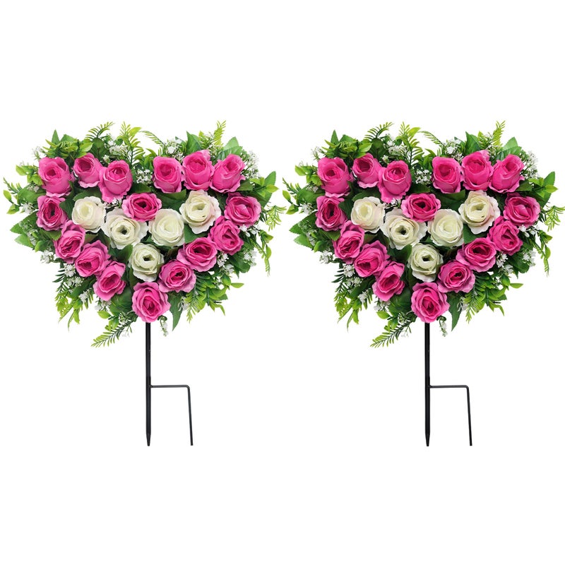 Lodou 2 Sets Artificial Cemetery Flowers, Grave Memorial Flowers with Ground Spike,Heart Shaped Wreaths Rose Flowers for Artificial Rose Decoration for Cemetery Headstones Gravesites (Pink) - Image 1