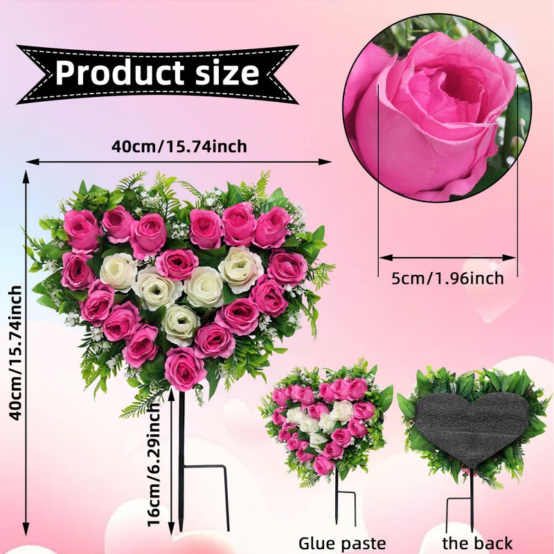 Lodou 2 Sets Artificial Cemetery Flowers, Grave Memorial Flowers with Ground Spike,Heart Shaped Wreaths Rose Flowers for Artificial Rose Decoration for Cemetery Headstones Gravesites (Pink) - Image 4