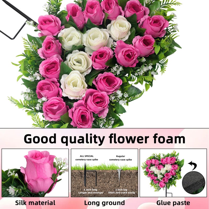 Lodou 2 Sets Artificial Cemetery Flowers, Grave Memorial Flowers with Ground Spike,Heart Shaped Wreaths Rose Flowers for Artificial Rose Decoration for Cemetery Headstones Gravesites (Pink) - Image 3