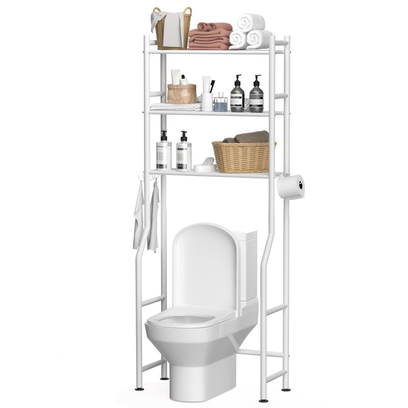 GloTika 3Tier Over The Toilet Storage Space Saver Metal Bathroom Shelves Freestanding Above Over Toilet Storage Shelf with 4 Hooks for Bathroom White