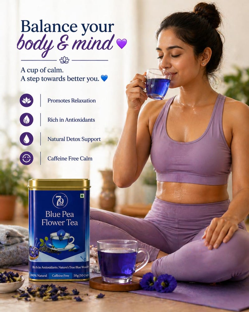 79Degree 79 Degree Blue Pea Tea | Dried Butterfly Pea Flower Detox Herbal Infusion | Caffeine Free Weight Management | Shankhpushpi- Aparajita Flower| Premium Tin Box | 50 g – 50 Cups - Image 2