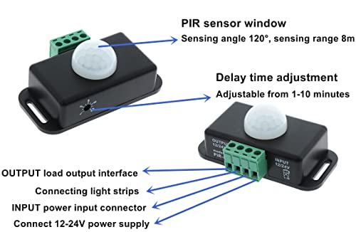 LDCRE DC 12V 24V PIR Sensor LED Motion Sensor Switch,Body Infrared Sensing Controller for Timer Flexible LED Automatic Light Strips, 2Pack - Image 2