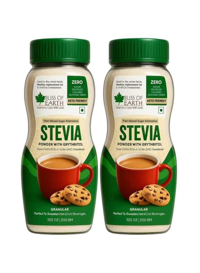 Bliss of Earth Stevia Powder 2X200g – 100% Natural Zero‑Calorie Sweetener Sugar Substitute for Tea, Coffee, Juices & Baking - Image 1