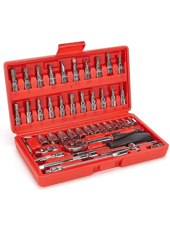 PROMASS Heavy Duty Hand Tool Storage Box: Portable 46-Piece Auto Car Repair Kit with Ratchet Socket Wrench Set  - Image 1