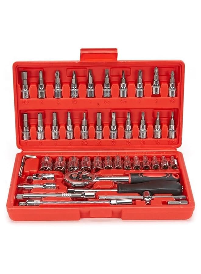 PROMASS Heavy Duty Hand Tool Storage Box: Portable 46-Piece Auto Car Repair Kit with Ratchet Socket Wrench Set  - Image 2