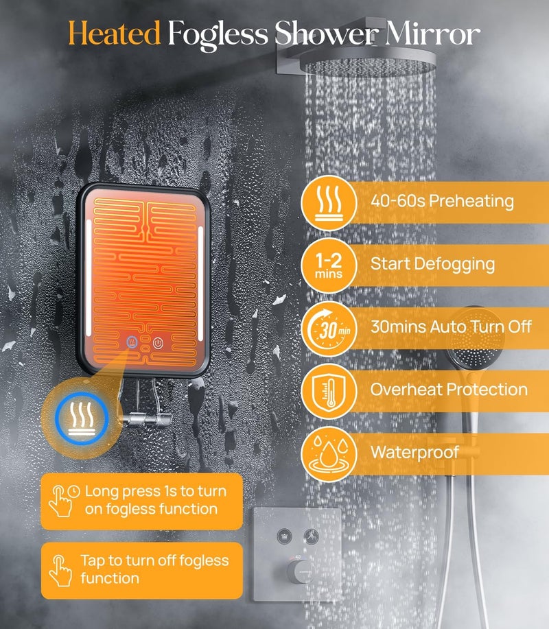 Gospire Heated Shower Mirror Fogless for Shaving with Light, Rechargeable Battery and Adjustable Brightness, Suction Cup and Razor Holder, Removable & NO-Drilling, Waterproof for Bathroom (Black) - Image 3