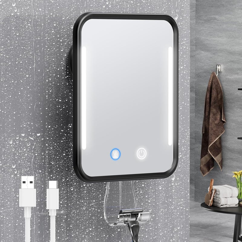 Gospire Heated Shower Mirror Fogless for Shaving with Light, Rechargeable Battery and Adjustable Brightness, Suction Cup and Razor Holder, Removable & NO-Drilling, Waterproof for Bathroom (Black) - Image 1
