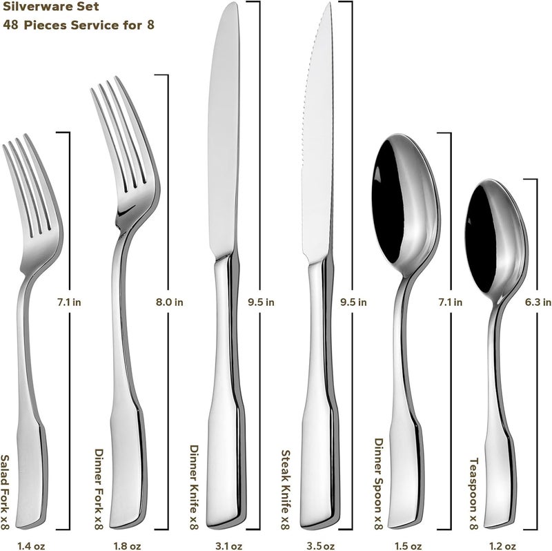 Alata Kate 48Piece Silverware Set with steak knife Service for 8 Stainless Steel Flatware Set Mirror Polished Cutlery Set Dishwasher Safe - Image 3