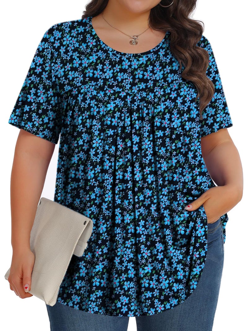 Tencede Womens Plus Size Tops Tunic Short Sleeve Crew Neck Shirts Casual Soft Blouse Blue Small Flowers 3X - Image 1